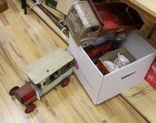 A tin plate model fire engine, lorry and bus, etc.