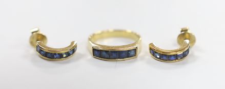 A modern 585 yellow metal and five stone channel set sapphire half hoop ring, size N and a pair of