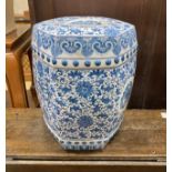 A Chinese hexagonal blue and white porcelain garden seat, height 46cm