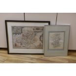 John Speed, coloured engraving, Map of 'Montgomery Shire', English text verso, 40 x 52cm, and a