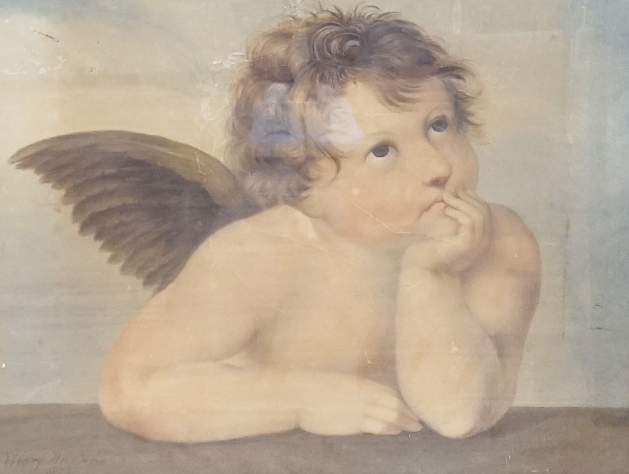 Mary Morland after Raphael, watercolour, study of an angel, signed and dated 1823, 42 x 53cm (a.f.),
