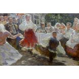 Michail Bozhij (Ukranian, 1911-1991), oil on canvas, ‘A Festive Occasion in the Village’, signed and