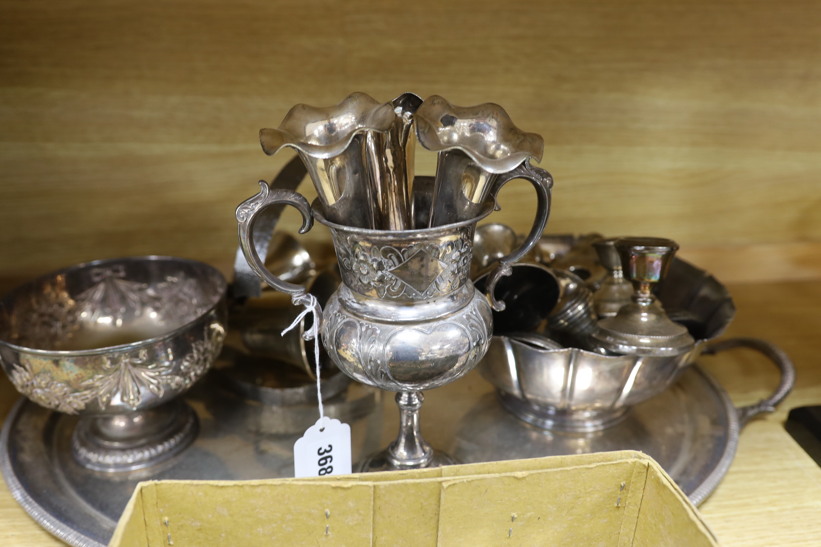 A plated tray, mixed silver and other squat candlesticks, photo frames etc - Image 2 of 5