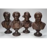 A set of four bronze covered busts of composers: Schubert, Wagner, Verdi and Mozart, 14cm high