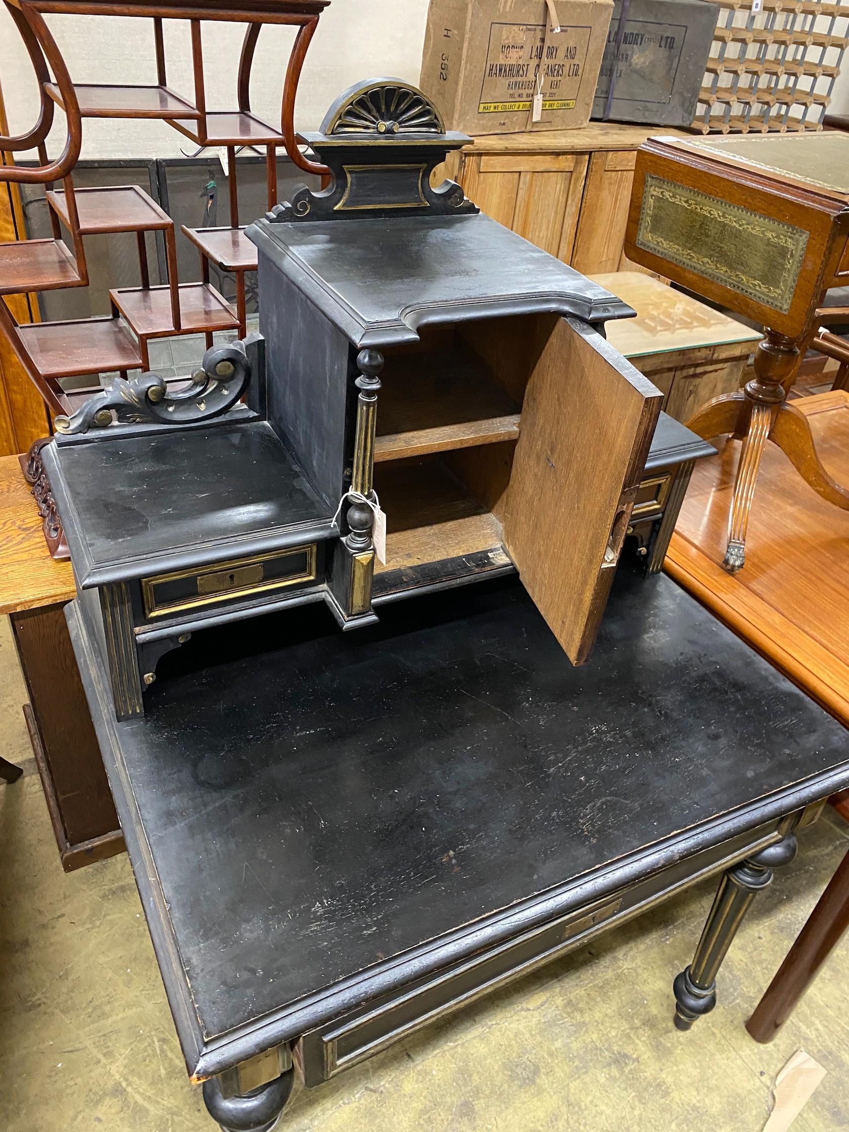 A late 19th century French gilt metal mounted ebonised desk, width 90cm, depth 70cm, height 142cm - Image 2 of 2