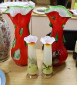 A large pair of Darrius Zarrin red and green glass vases together with another smaller pair of