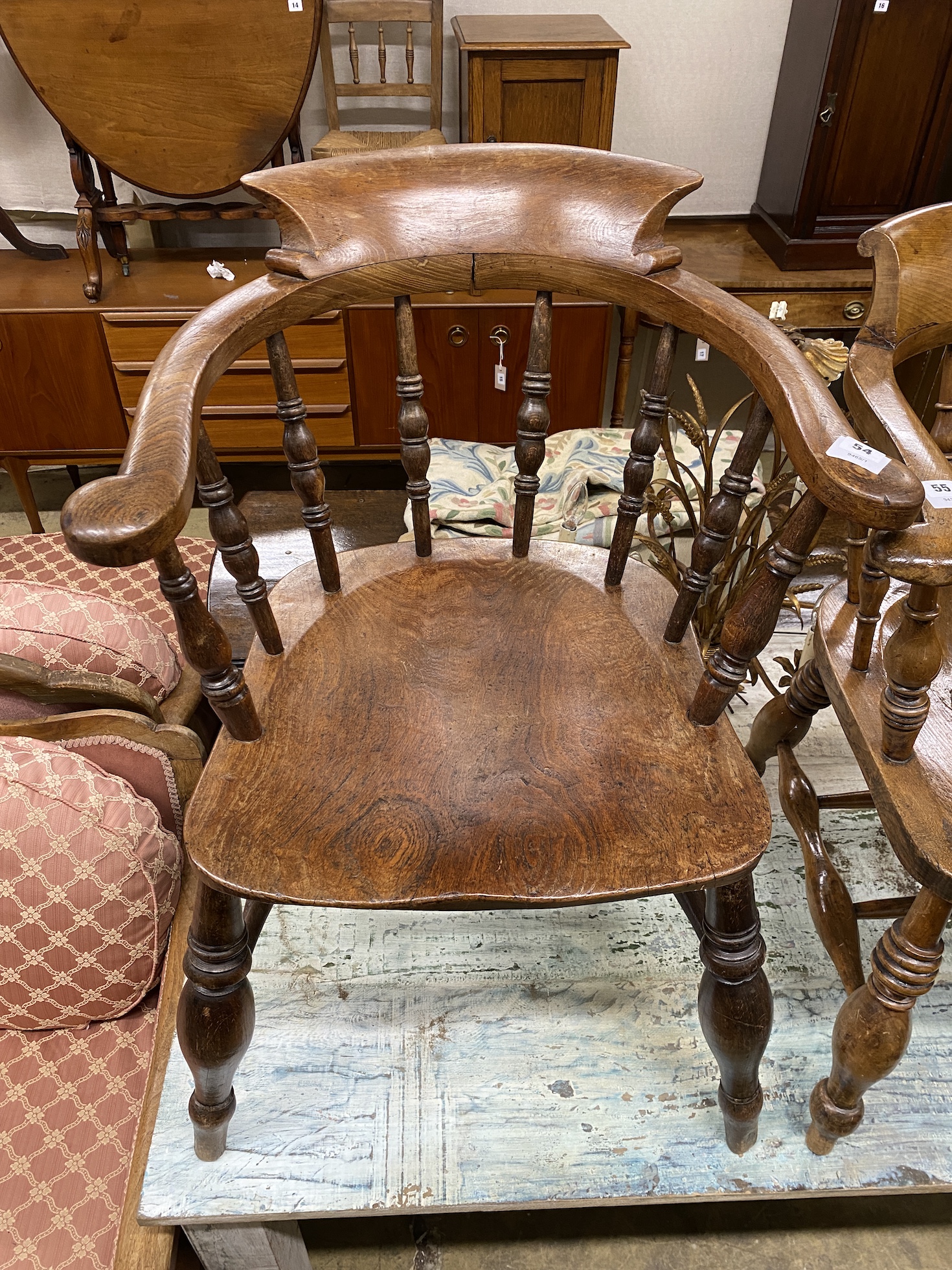 A Victorian elm and beech smoker's bow elbow chair, width 60cm, depth 49cm, height 84cm - Image 2 of 2