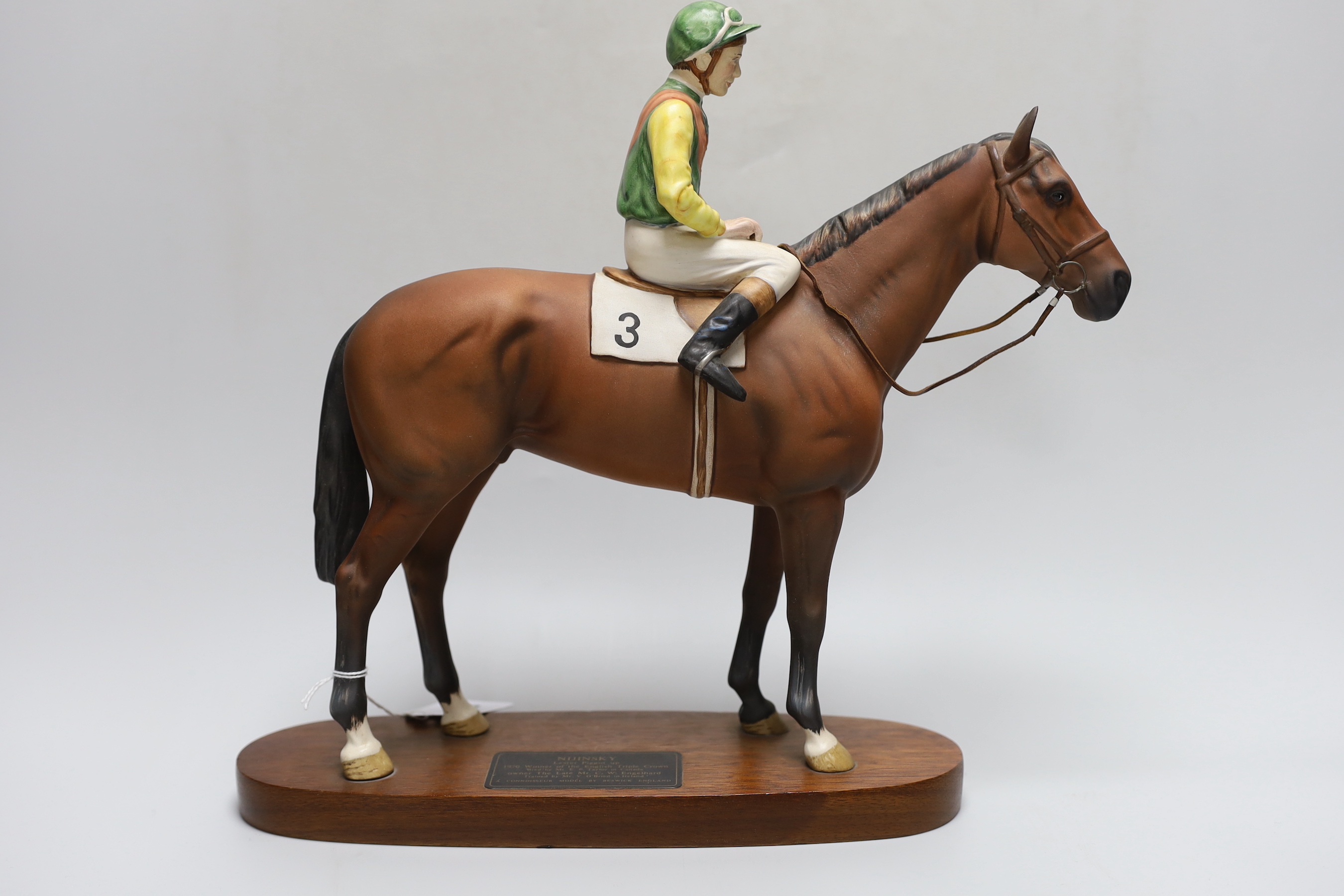 A Beswick model of a jockey and horse. ‘Nijinski, Lester Piggott up, 1970 winner of the English