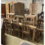 A rectangular hardwood dining table, length 200cm, depth 90cm, height 80cm and eight chairs, teak