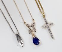 A modern 14kt yellow metal, sapphire and diamond chip set drop pendant necklace, 46cm, gross 1.6