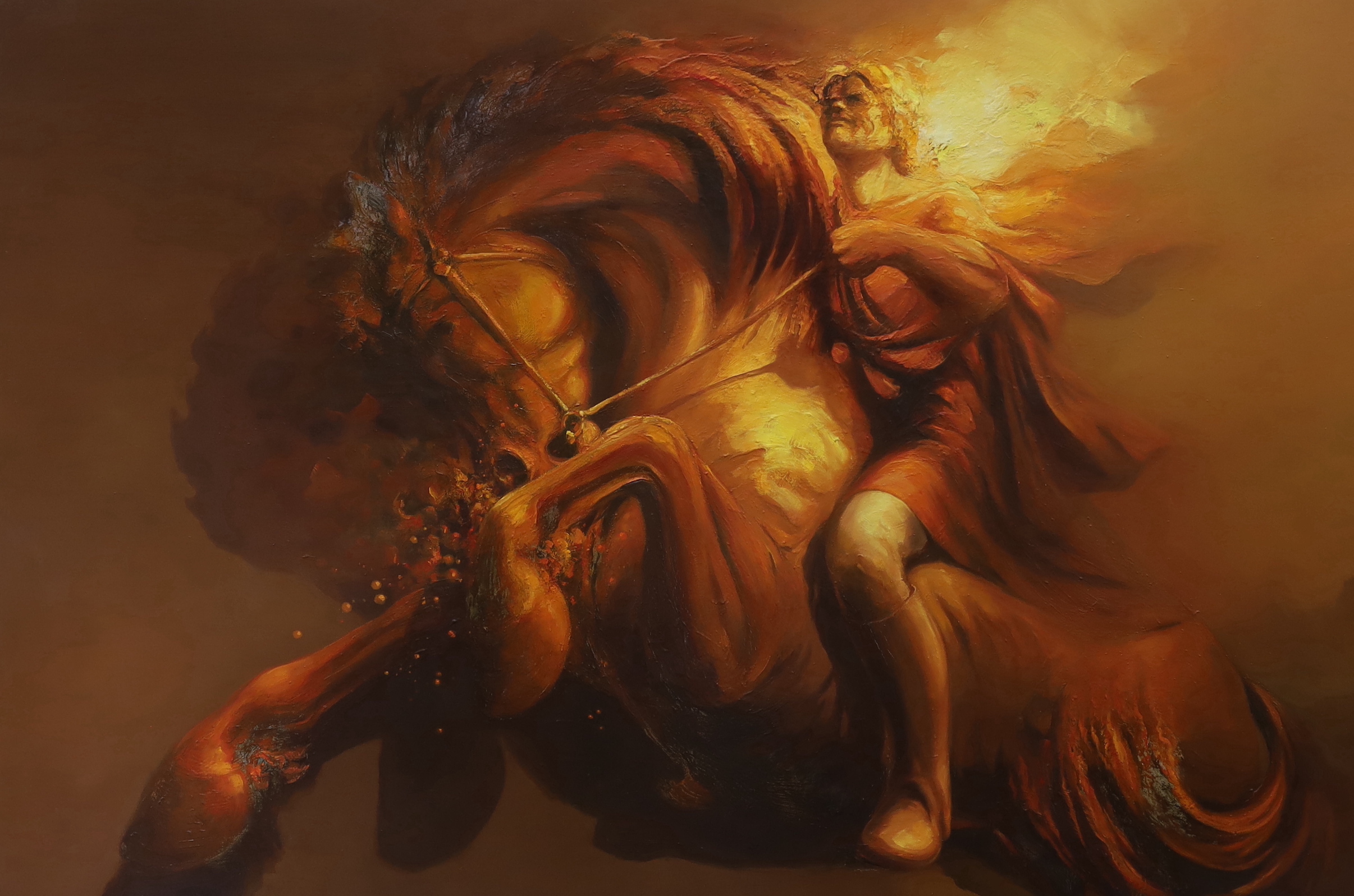 Russian School, oil on canvas, 'Bronze horseman', signed verso and dated 2009, 153 x 230cm,