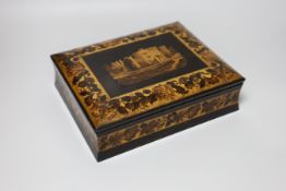 A Victorian Tunbridge Ware ebony 'Hever Castle' sewing box, 27cm wide