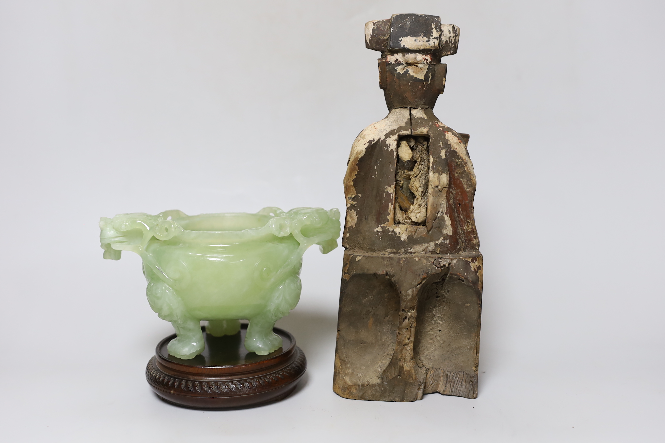 A Chinese bowenite jade censer, on stand and Chinese Qing carved and lacquered wood figure of a - Image 2 of 3