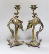 A pair of early 20th century Japanese style silver plated brass ‘crane’ candlesticks,