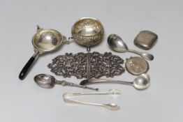 Sundry silver and white metal items including vesta cases, William IV caddy spoon, belt buckle,
