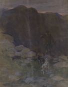 George Denholm Armour (1864-1949), watercolour on fabric, Ghillie in a landscape, signed, 36 x 27cm