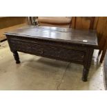 A 19th century carved oak hall bench, (adapted), width 120cm, depth 51cm, height 54cm