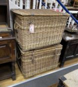 Two large wicker rectangular laundry baskets, larger width 86cm, depth 60cm, height 58cm