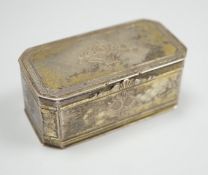 A 19th century German? engraved gilt white metal double hinged octagonal snuff box, 86mm.