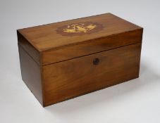 A 19th century with later inlay mahogany tea caddy, 31cm wide, 16cm high