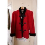 An Yves Saint Laurent ‘variation’, 1980's red wool jacket trimmed with black mink and leather toggle