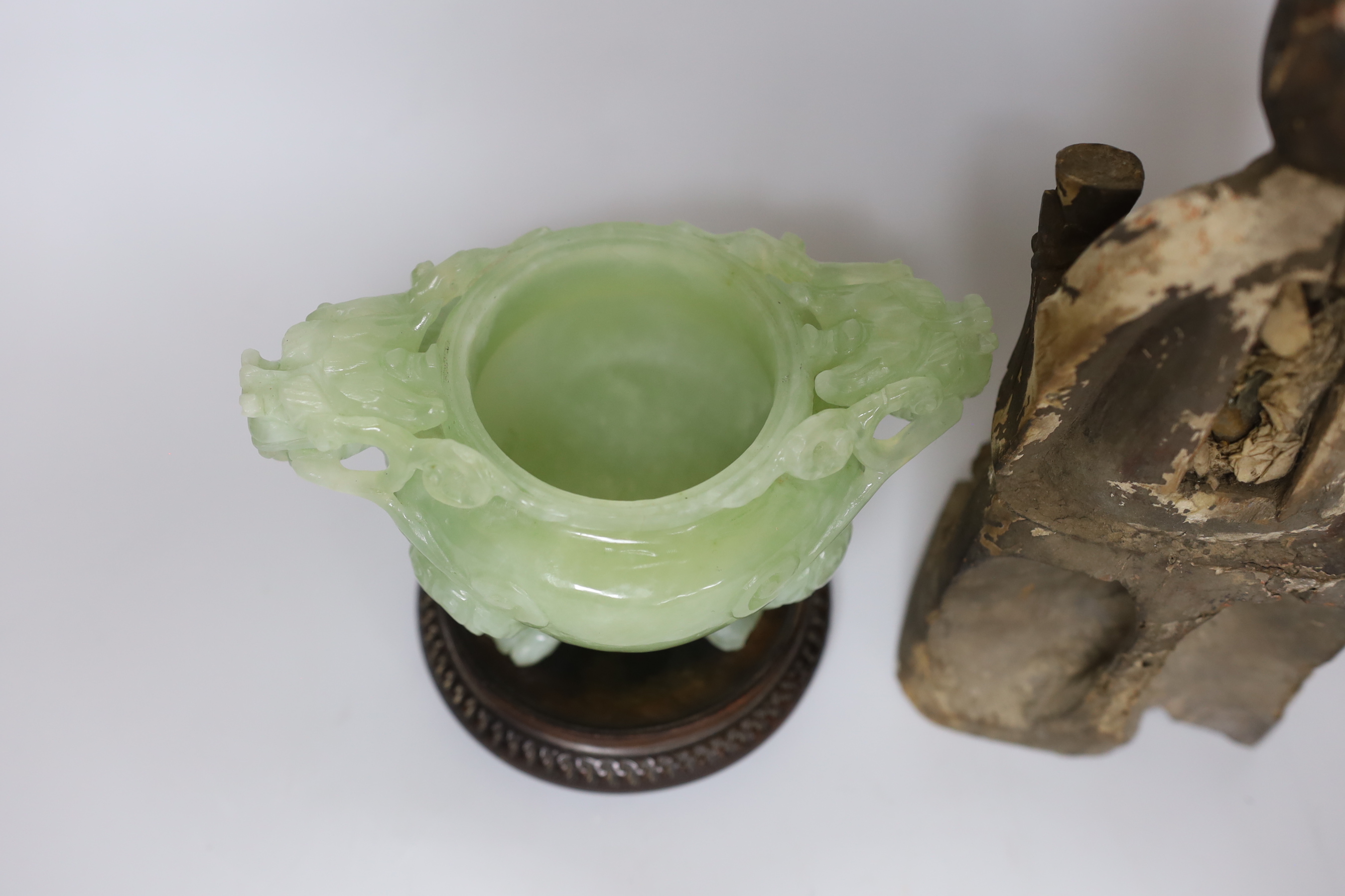 A Chinese bowenite jade censer, on stand and Chinese Qing carved and lacquered wood figure of a - Image 3 of 3