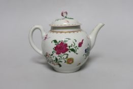 A Worcester teapot and cover, painted with Chinese style flowers and winged insects, c.1770, 14cm