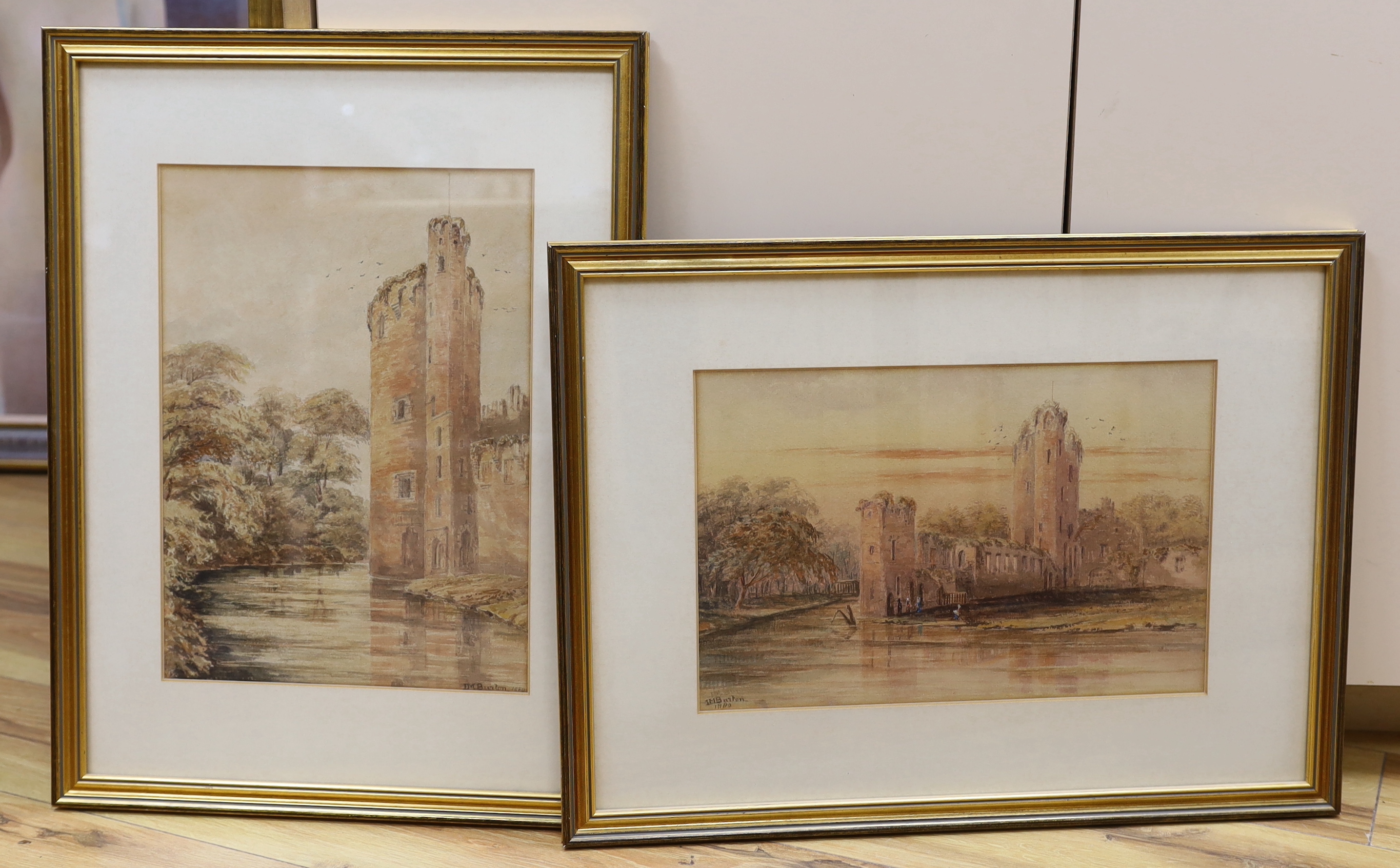 J.M. Burton (19th century), two watercolours, 'Ruined castle' and 'Abbey', signed and dated 1880, 34