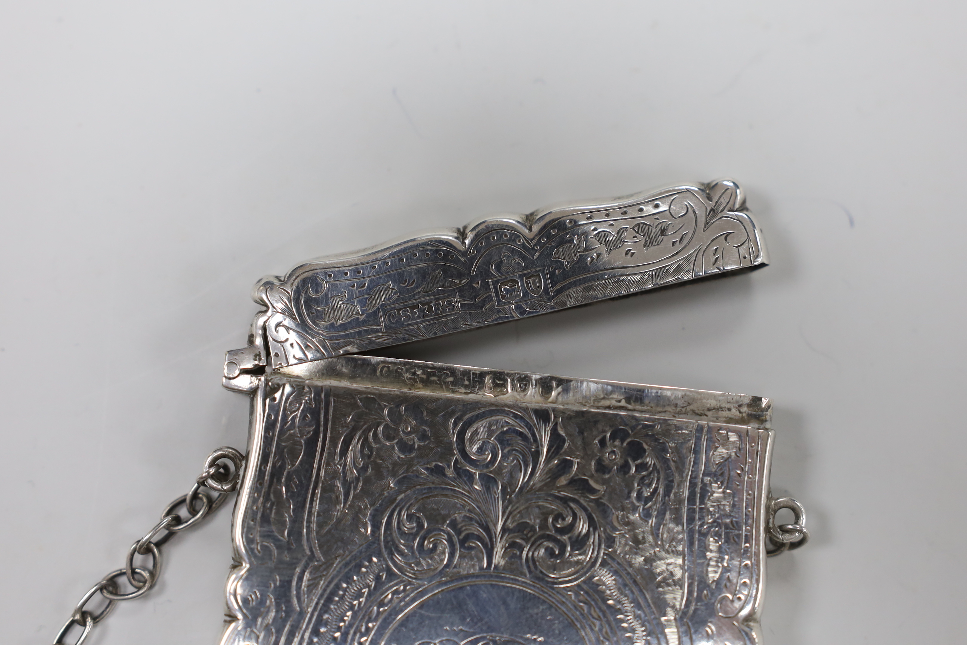 A late Victorian engraved silver card case, Saunders & Shepherd, London, 1895, 95mm. - Image 3 of 3