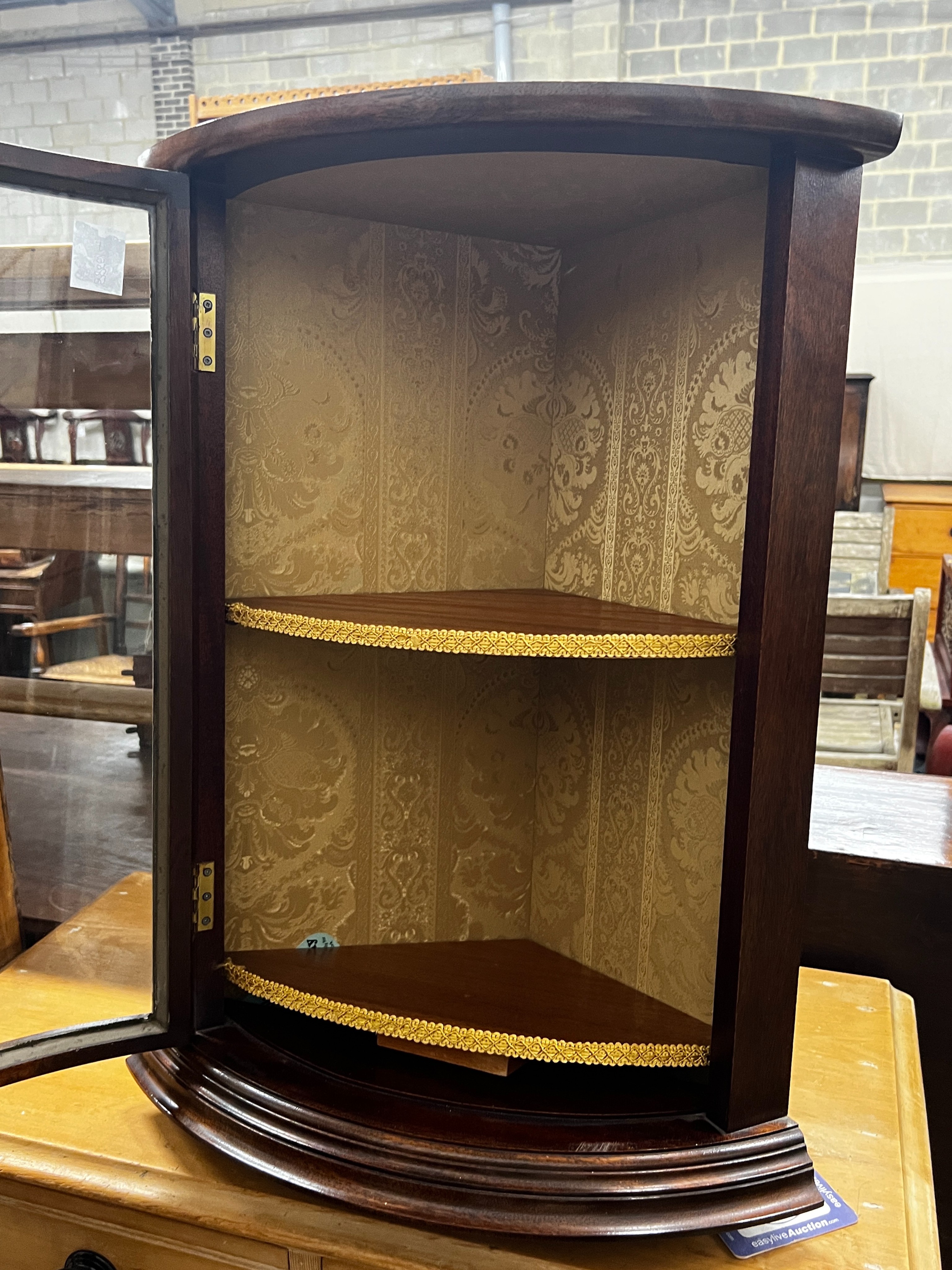 A reproduction George III style glazed mahogany bowfront hanging corner cupboard, width 49cm, - Image 3 of 3