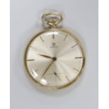 A 9ct gold Omega open face keyless dress pocket watch, with baton numerals and subsidiary seconds,