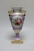 An English porcelain vase with swan handles, probably Chamberlains Worcester, painted with flowers