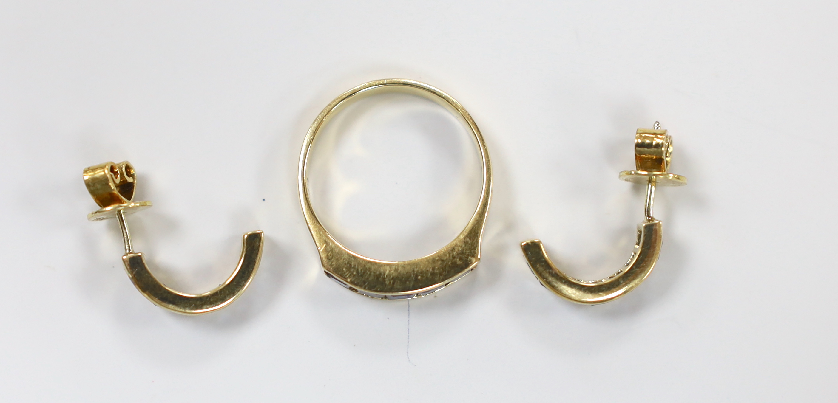 A modern 585 yellow metal and five stone channel set sapphire half hoop ring, size N and a pair of - Image 2 of 2