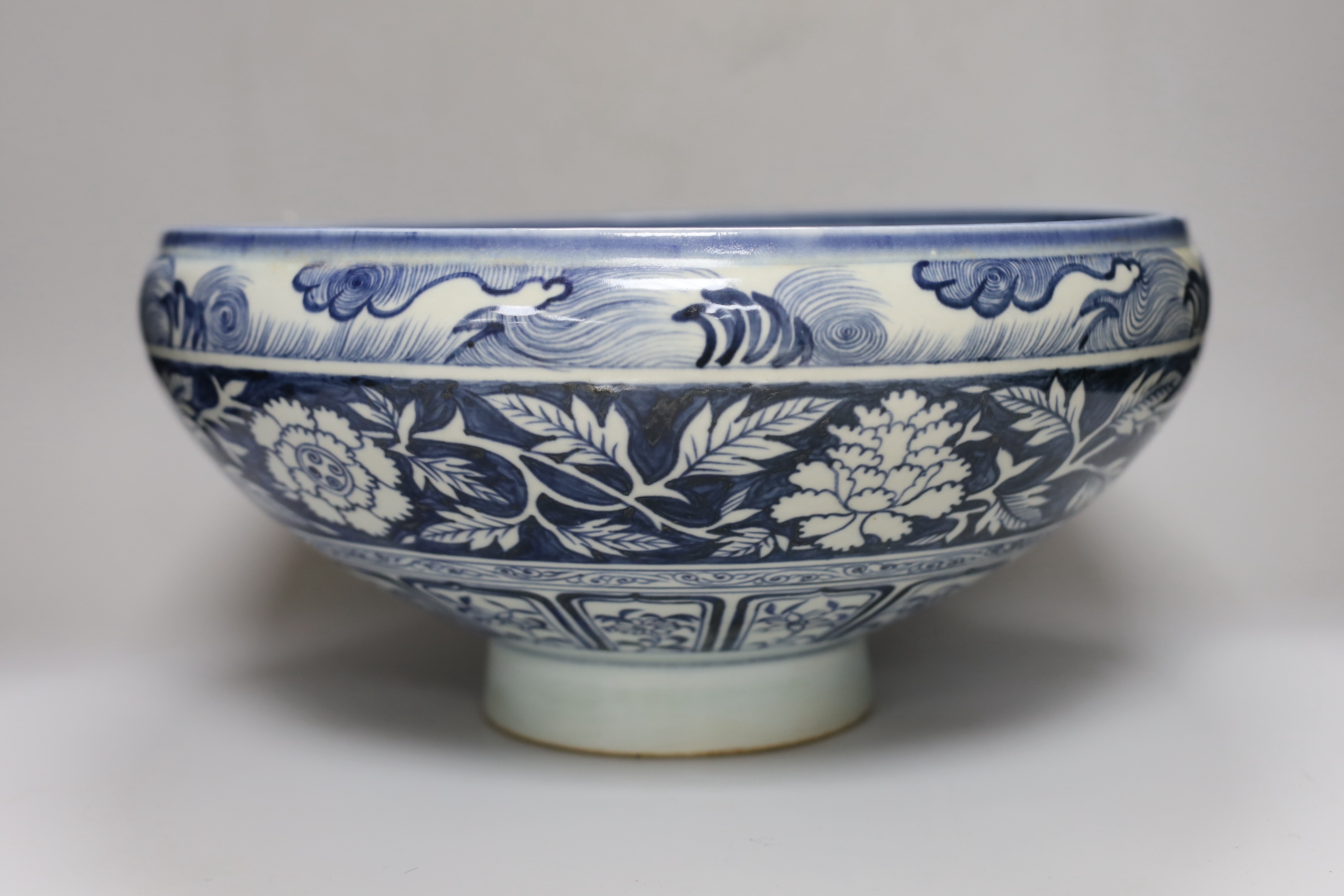 A large Chinese blue and white bowl, 40cm diameter