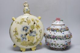 A Zsolnay pottery moonflask and a Herend porcelain flower encrusted jar and cover, c.1895, tallest