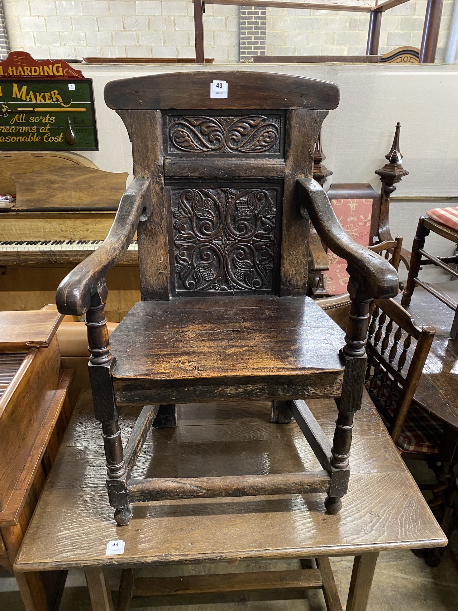 A 17th century and later oak carved Wainscot chair, width 57cm, depth 51cm, height 99cm - Image 2 of 2