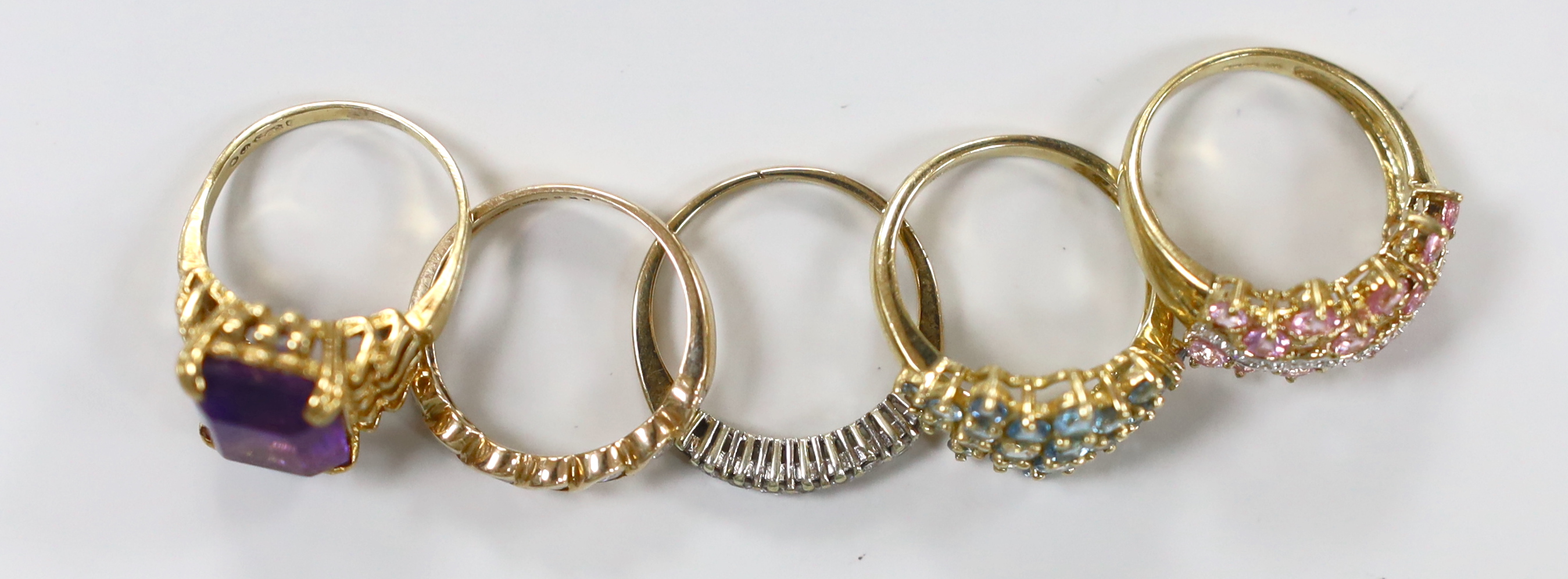 Five assorted modern 9ct gold and gem set rings, including two diamond set half hoop, gross weight - Image 3 of 3