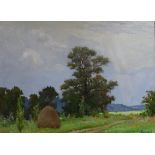 E. Vasiliev, oil on canvas, Landscape with Haystack, signed and dated 1946, 59 x 79cm