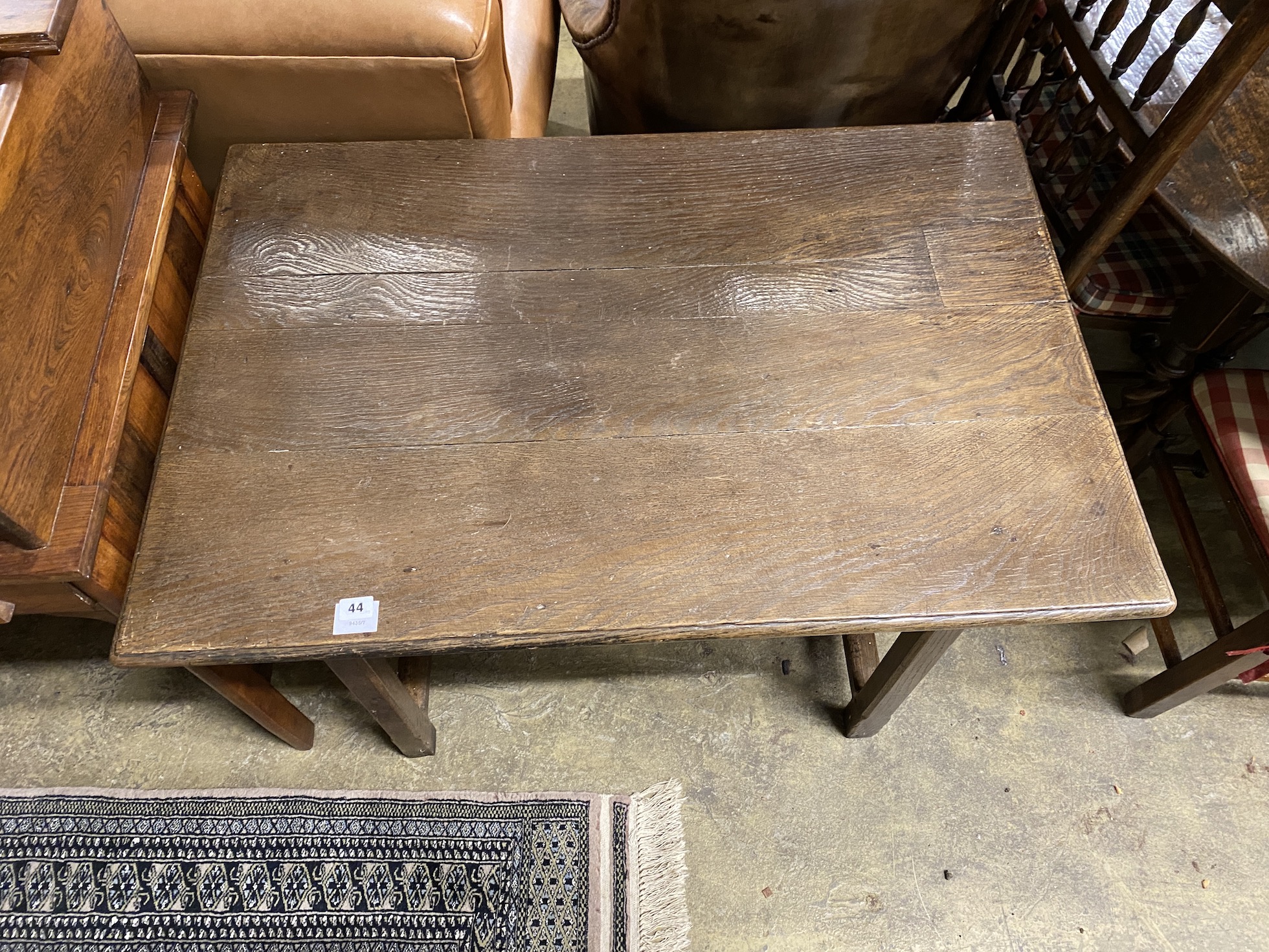 An 18th century rectangular oak side table, planked top, single frieze drawer, width 101cm, depth - Image 2 of 2