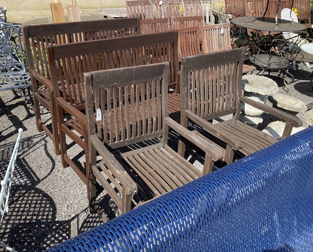 A pair of stained teak garden benches, width 121cm, height 99cm, and a pair of matching elbow - Image 2 of 2