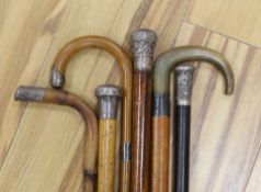 A group of six various silver mounted walking sticks/canes, one with horn handle