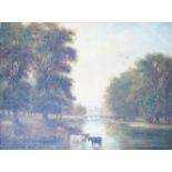 English School c.1900, three oils on canvas, all by differing hands, Horse cart beside a pond, 40