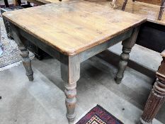 A Victorian style square pine kitchen table with painted underframe, width 90cm, height 77cm
