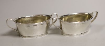 A pair of George III silver two handled oval salts, James Mince, London, 1800, 11.7cm, 5oz.
