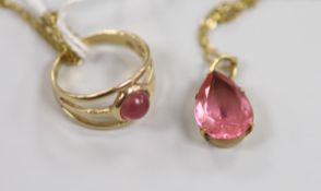 A modern 9ct gold and pink cabochon set ring, size K, together with a yellow metal and pear shaped