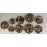 Nine various Victorian pot lids of classical interior scenes, largest 12cm diameter