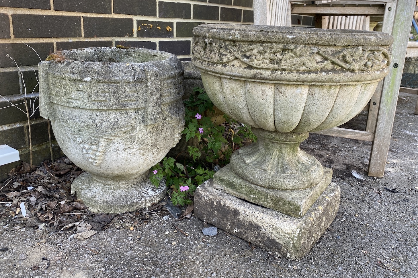 Three circular reconstituted stone garden planters, largest diameter 46cm, height 49cm - Image 4 of 4