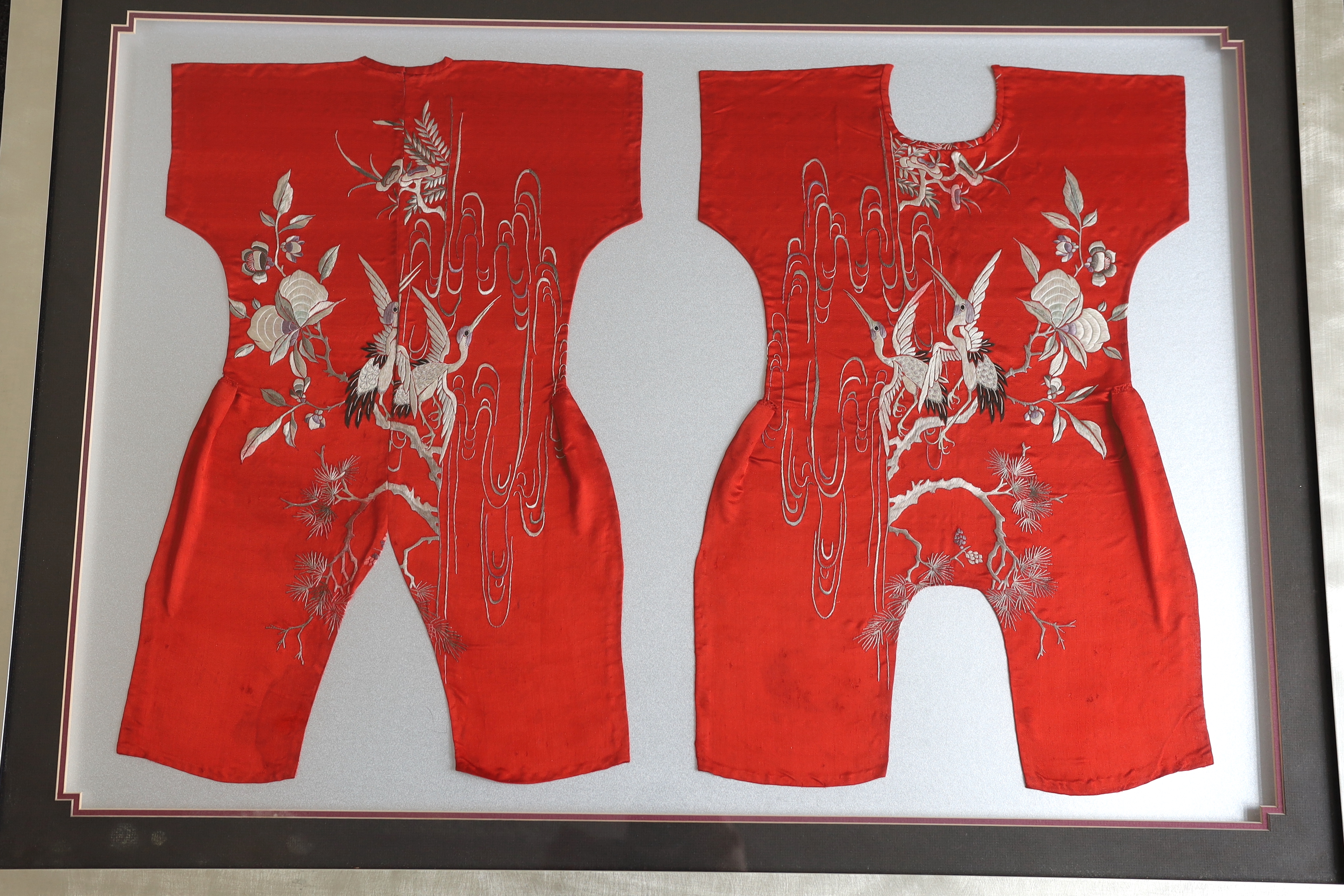 Three early 20th century Chinese framed embroideries: two purple baby’s bibs embroidered with - Image 4 of 6