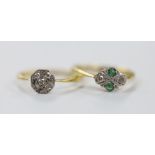 A 1920's 18ct & plat, emerald and diamond set four stone ring, size M/N and a similar five stone