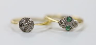 A 1920's 18ct & plat, emerald and diamond set four stone ring, size M/N and a similar five stone